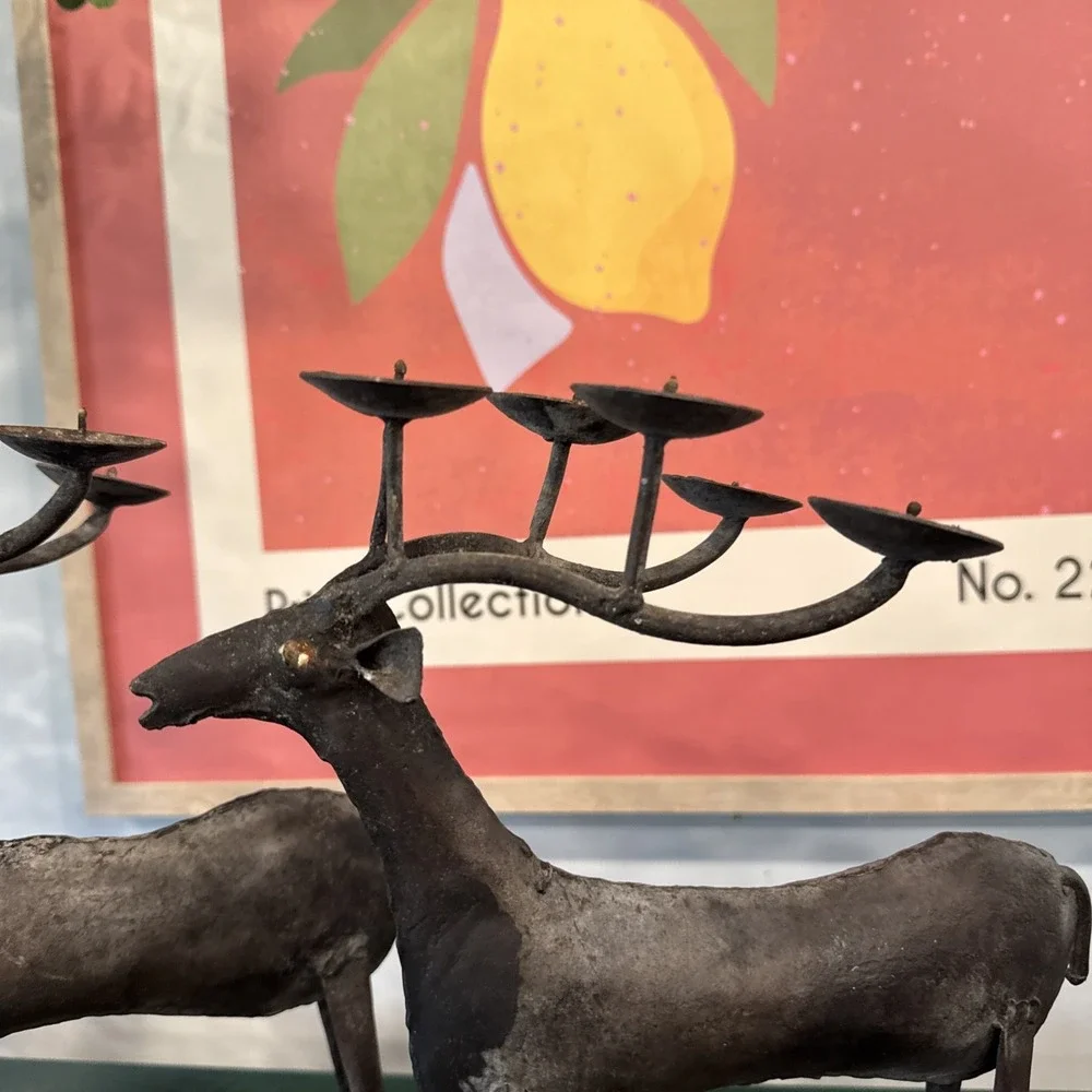 Lot of 2 Metal Rustic Reindeer 5 candle holder decor deer black vint 12&13